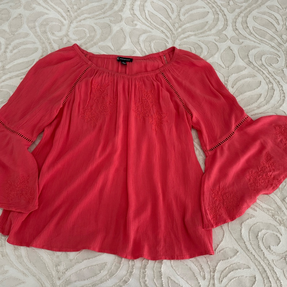 INC International Concept coral blouse, rayon crepe fabric with embroidery. Med